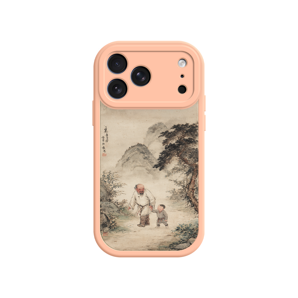 iPhone case featuring misty mountains and pine trees