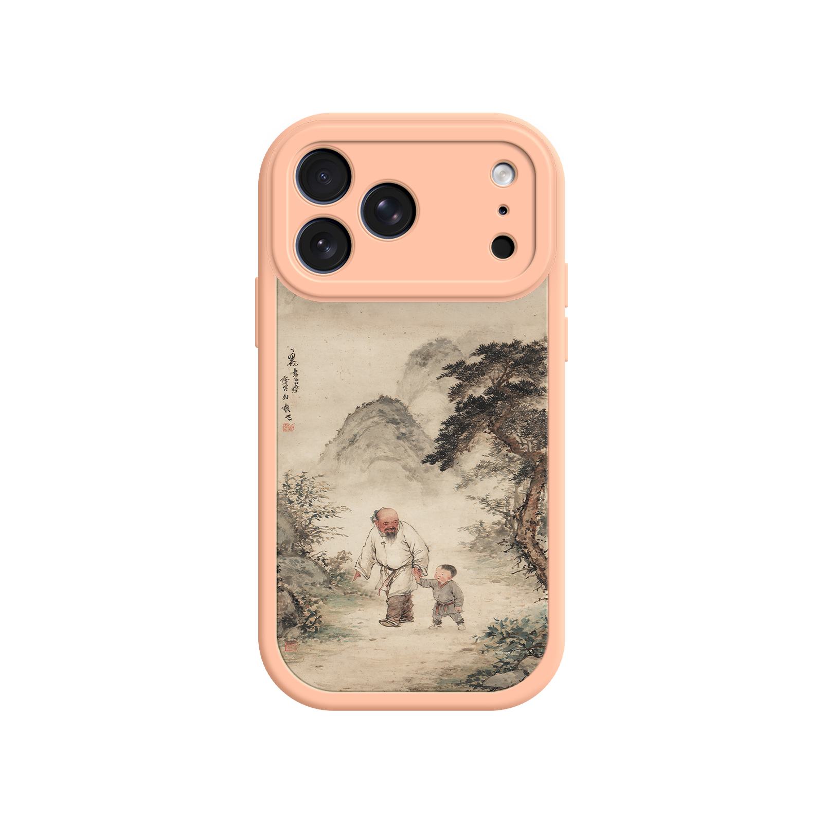 iPhone case featuring misty mountains and pine trees