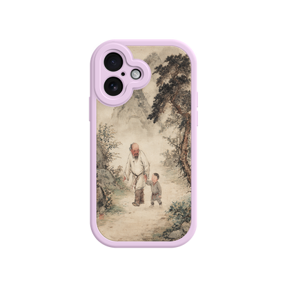 Artistic phone case with misty mountain background