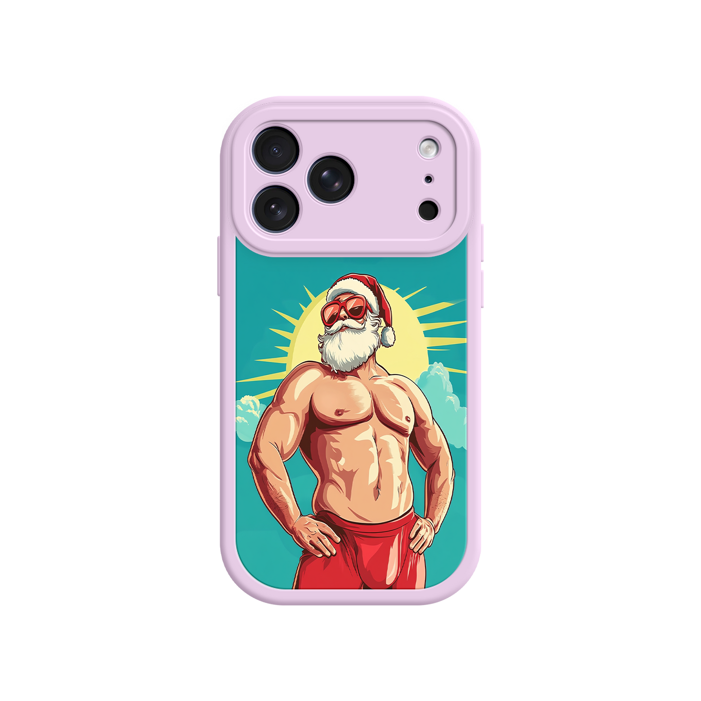 Cartoon-style iPhone case with muscle Santa