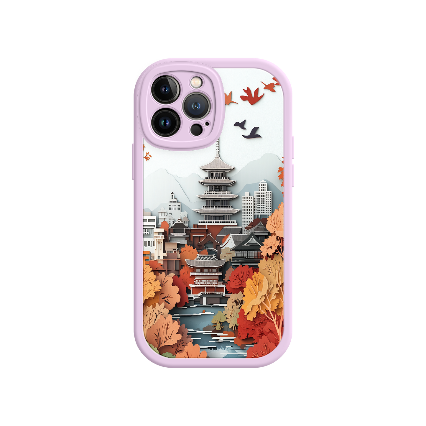#MC0034 Factory Wholesale Autumn Japanese Landscape iPhone 17 Case – Traditional Japan Scene, Fall Foliage Illustration, Mount Fuji Phone Cover