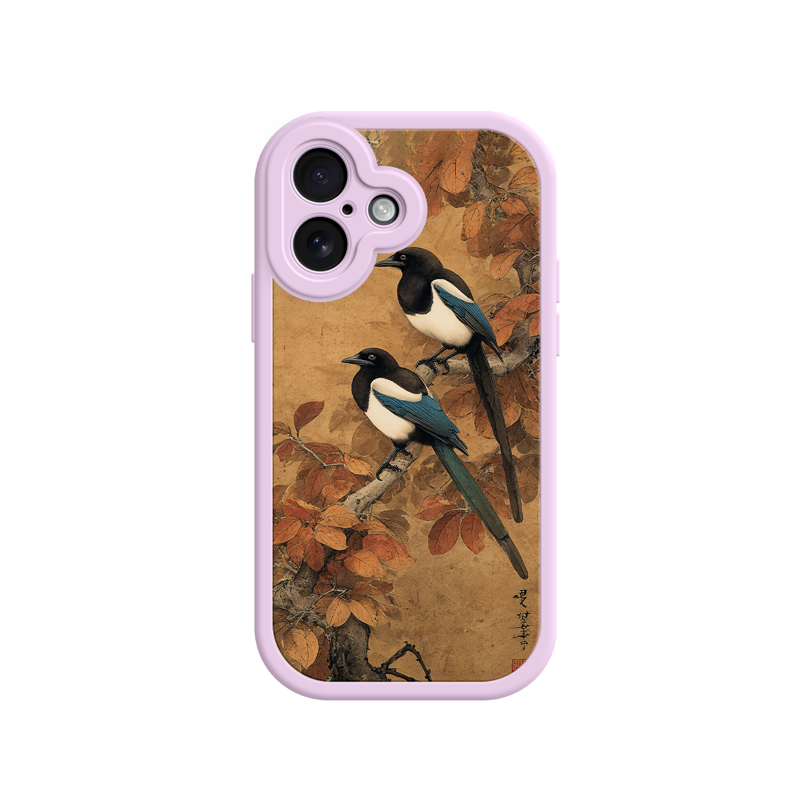 Scroll-style phone case with magpie bird motif