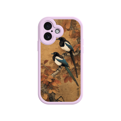 Scroll-style phone case with magpie bird motif