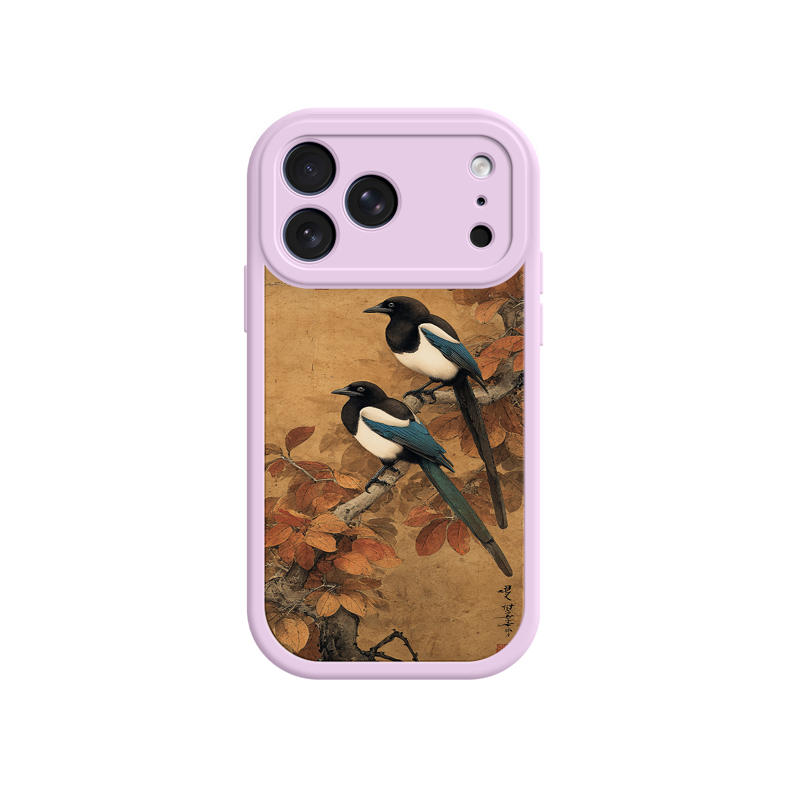 Nature-inspired phone case with autumn leaves and birds