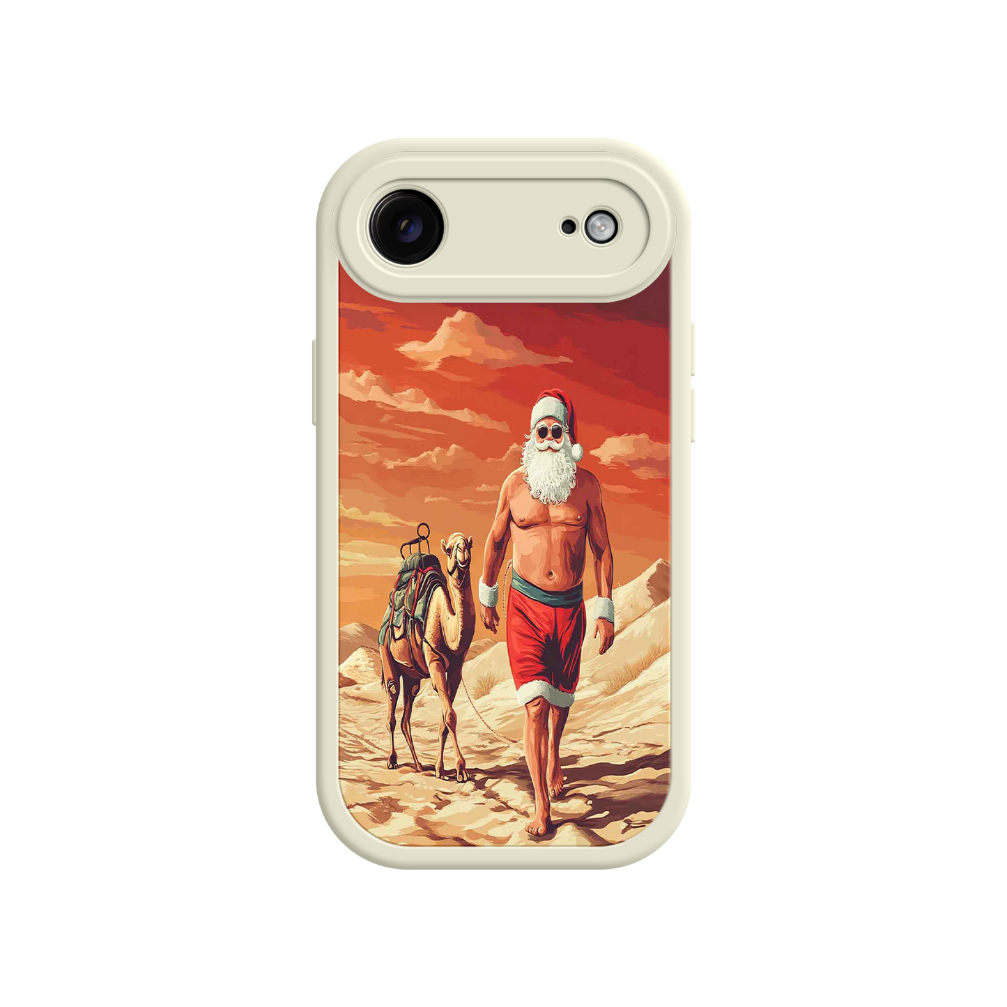 #MC0028 Factory Wholesale Desert Santa iPhone 17 Case – Funny Christmas Design, Muscular Santa & Camel, Holiday Heat Vibes