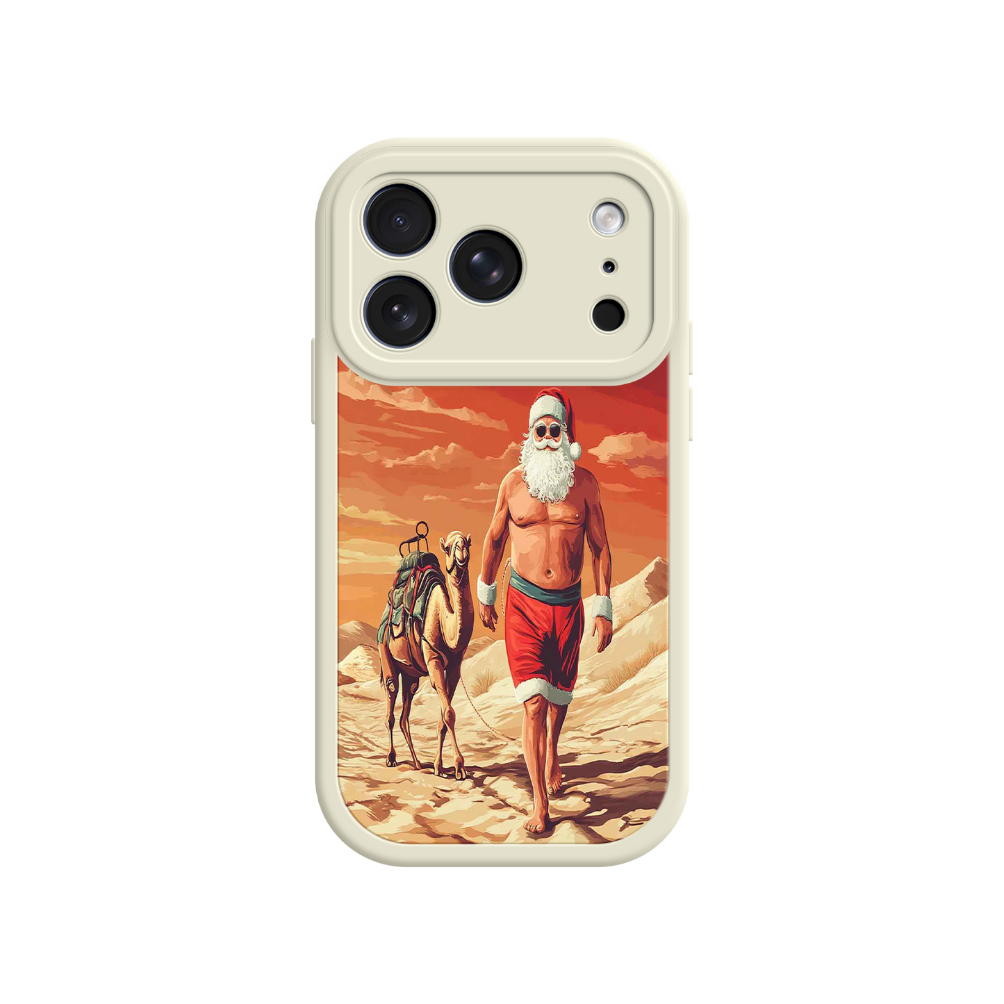#MC0028 Factory Wholesale Desert Santa iPhone 17 Case – Funny Christmas Design, Muscular Santa & Camel, Holiday Heat Vibes