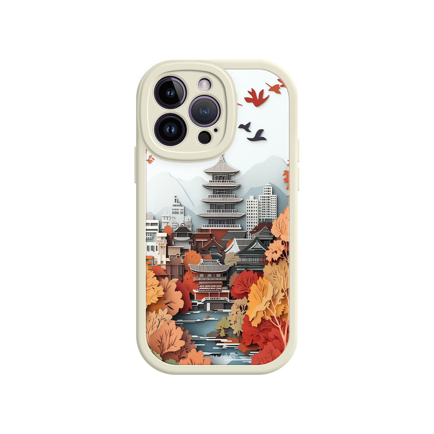 #MC0034 Factory Wholesale Autumn Japanese Landscape iPhone 17 Case – Traditional Japan Scene, Fall Foliage Illustration, Mount Fuji Phone Cover
