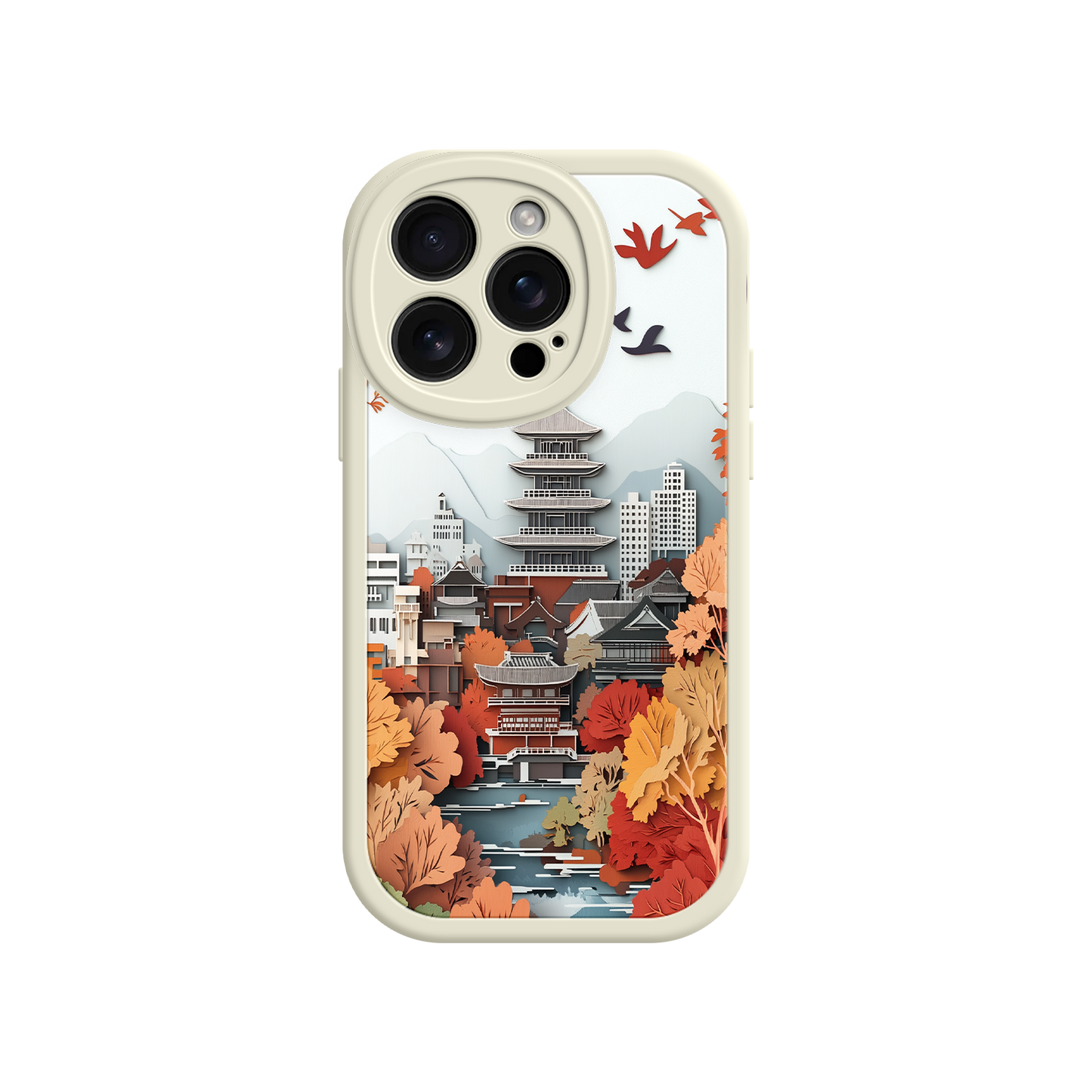 #MC0034 Factory Wholesale Autumn Japanese Landscape iPhone 17 Case – Traditional Japan Scene, Fall Foliage Illustration, Mount Fuji Phone Cover