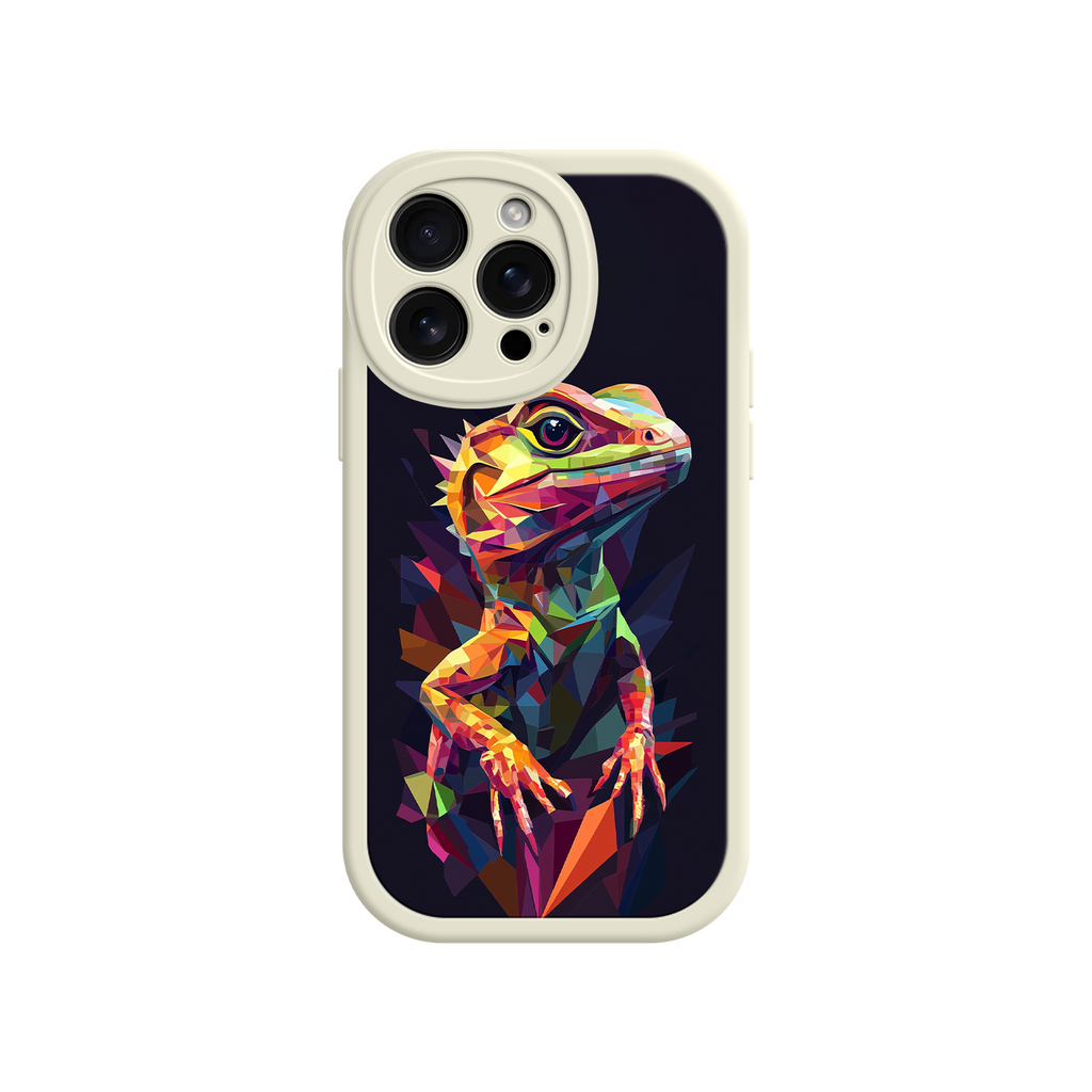 Phone case with a colorful geometric lizard design on a white background